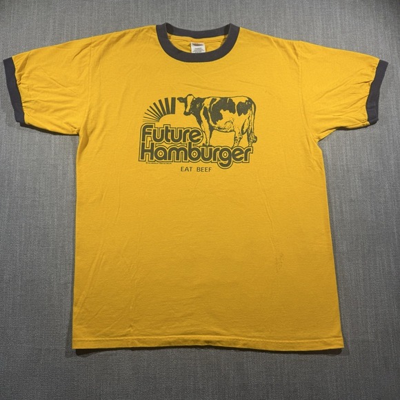 Anvil Other - Vintage Future Hamburger Shirt Mens Large Yellow Cow Graphic Ringer 2005 Anvil